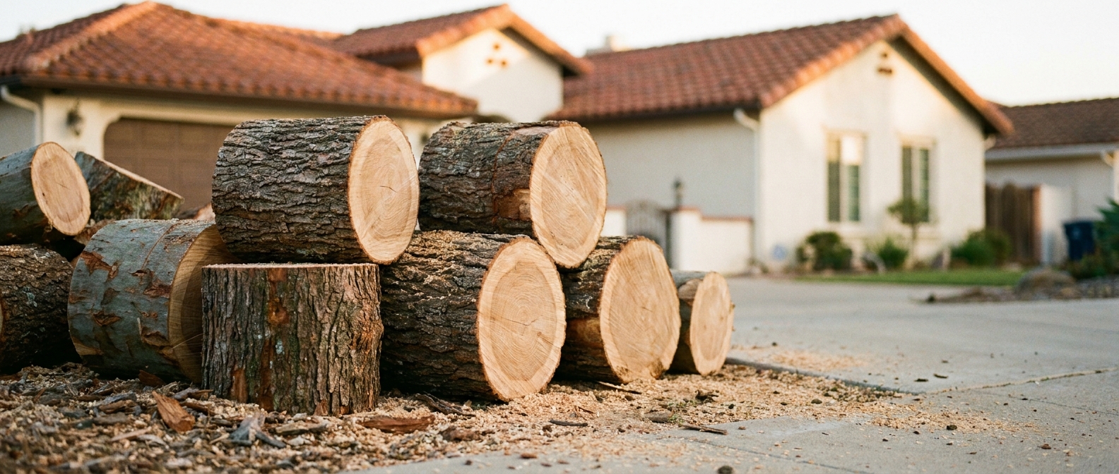 Freshly cut oak logs from a Vista tree removal