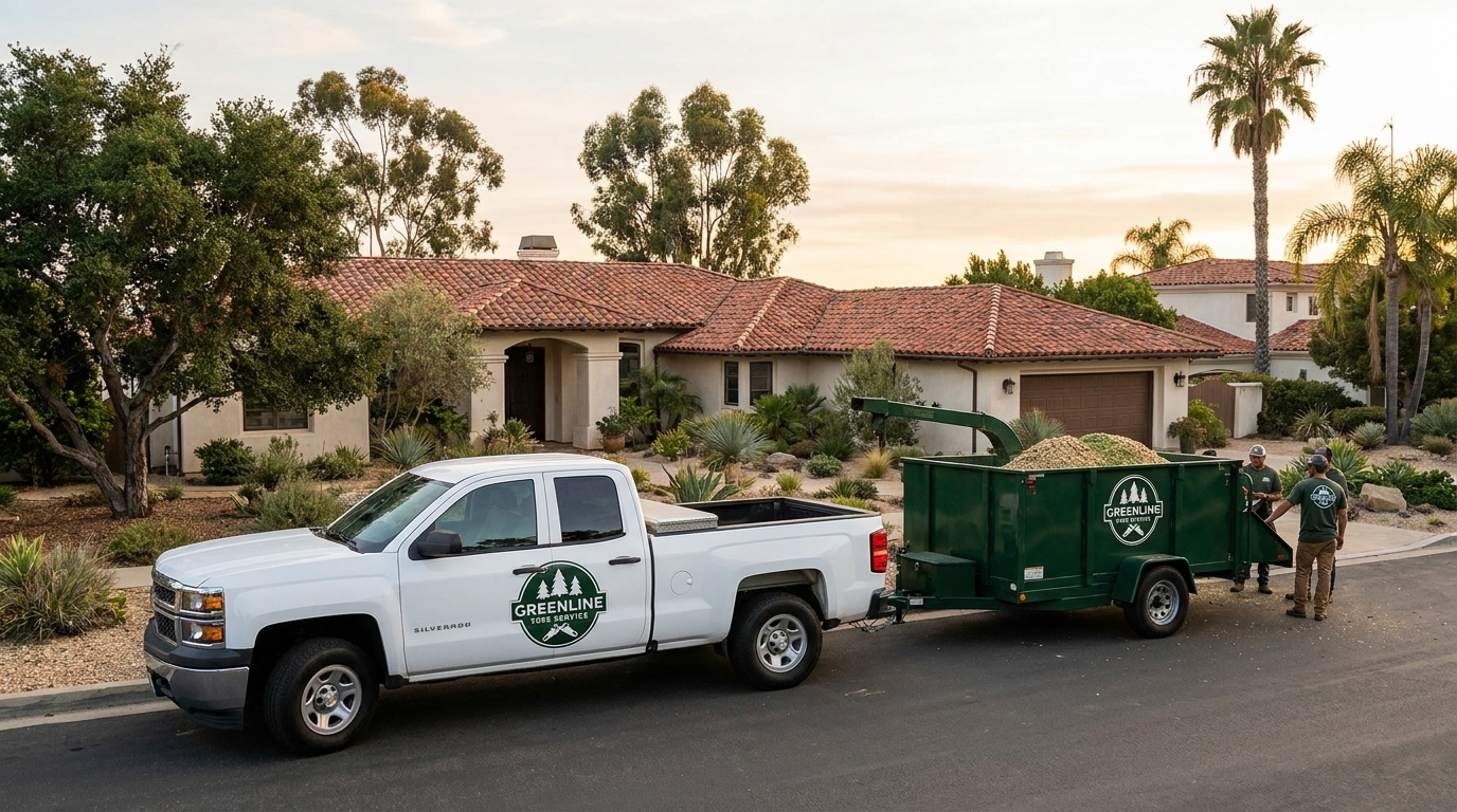 Tree service truck loaded with branches after a Vista job