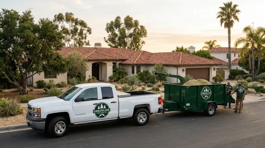 Tree service truck loaded with branches after a Vista job